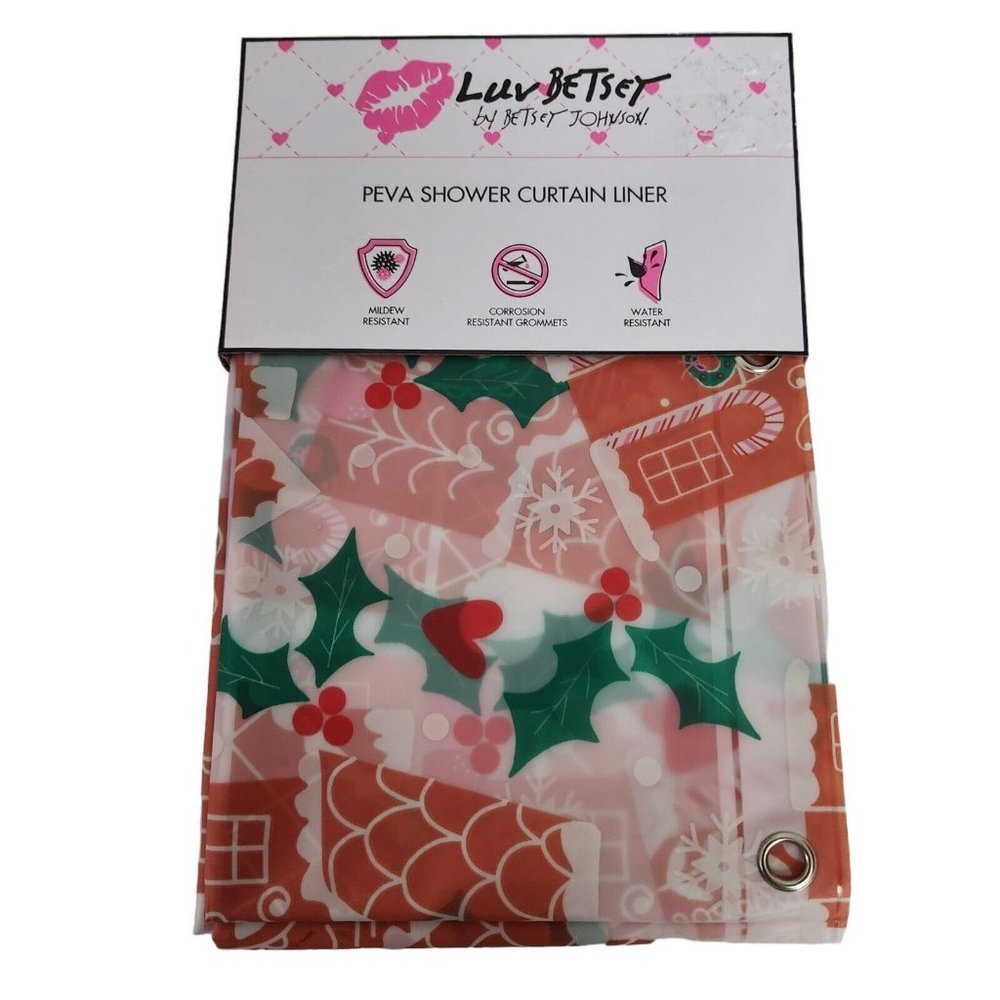 LUV Betsey Johnson Gingerbread House Shower Curtain Liner Christmas Mistletoe